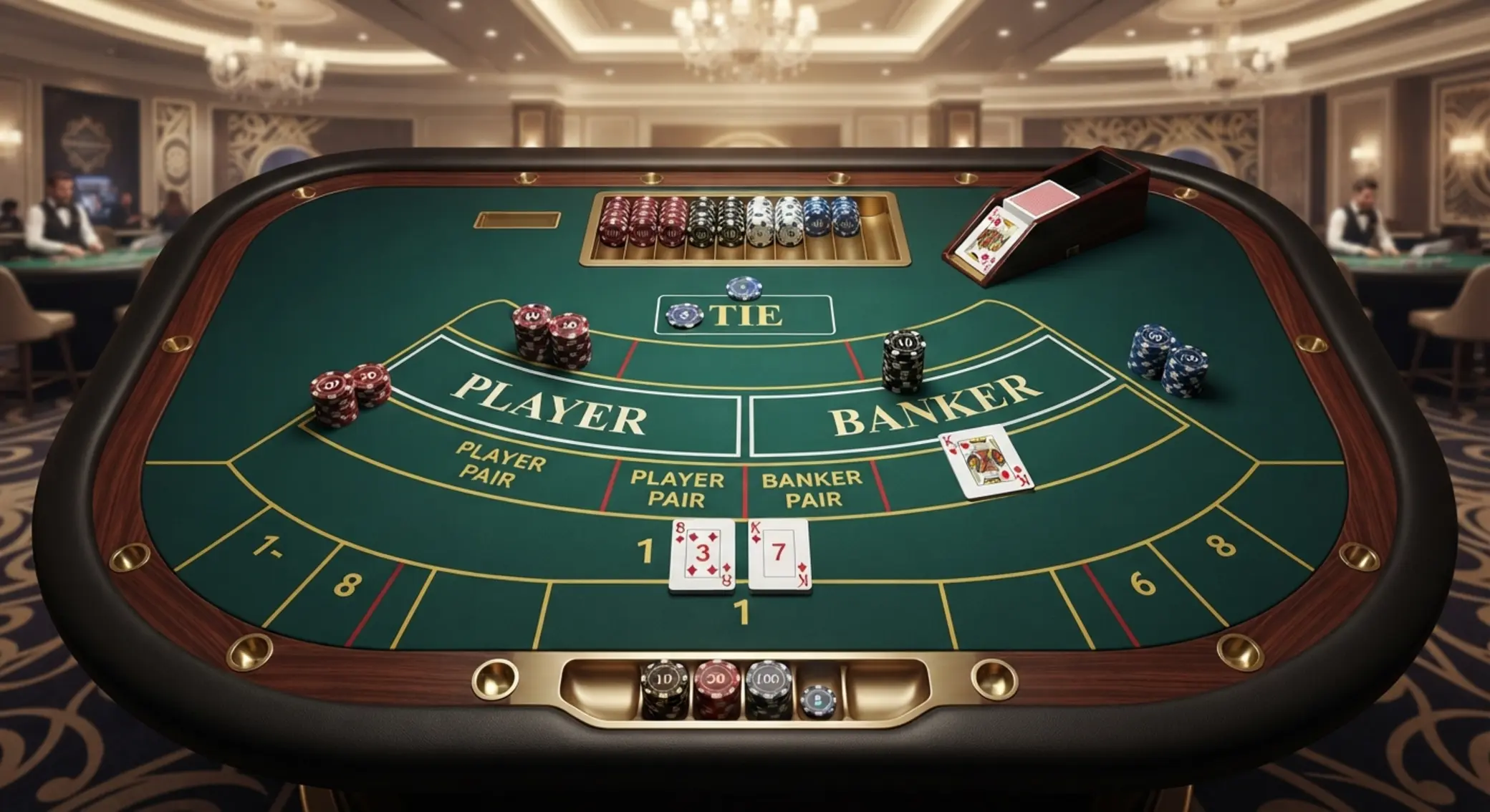 Baccarat asztal felülnézetből Játékos, Bankár és Döntetlen mezőkkel