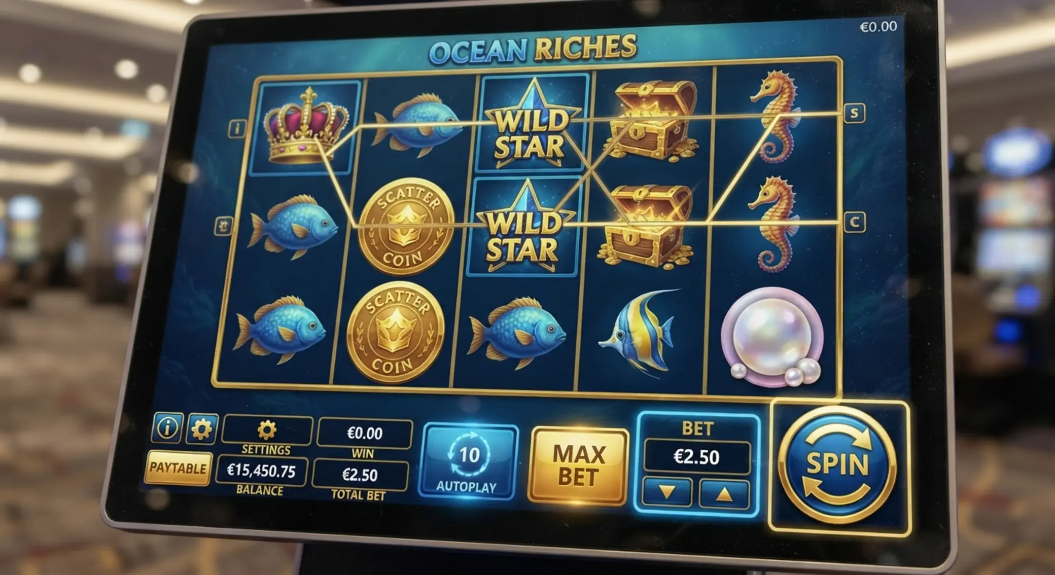 Félkarú rabló kezelőfelület és gombok Online slot kezelőfelület kiemelt gombokkal
