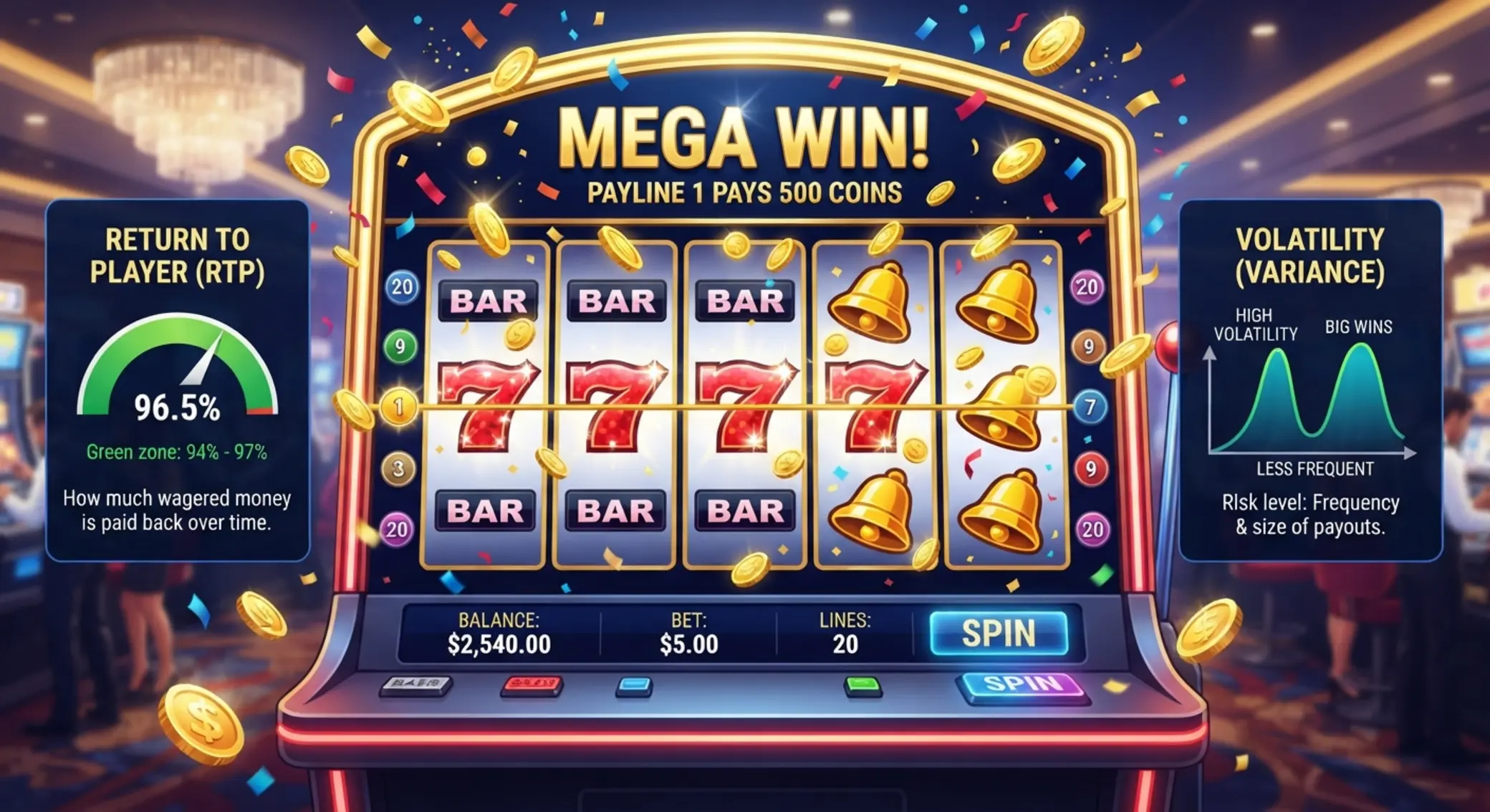 Nyeremények, RTP és volatilitás a slotokban Nyerő kombináció és slot paraméterek szemléltetése
