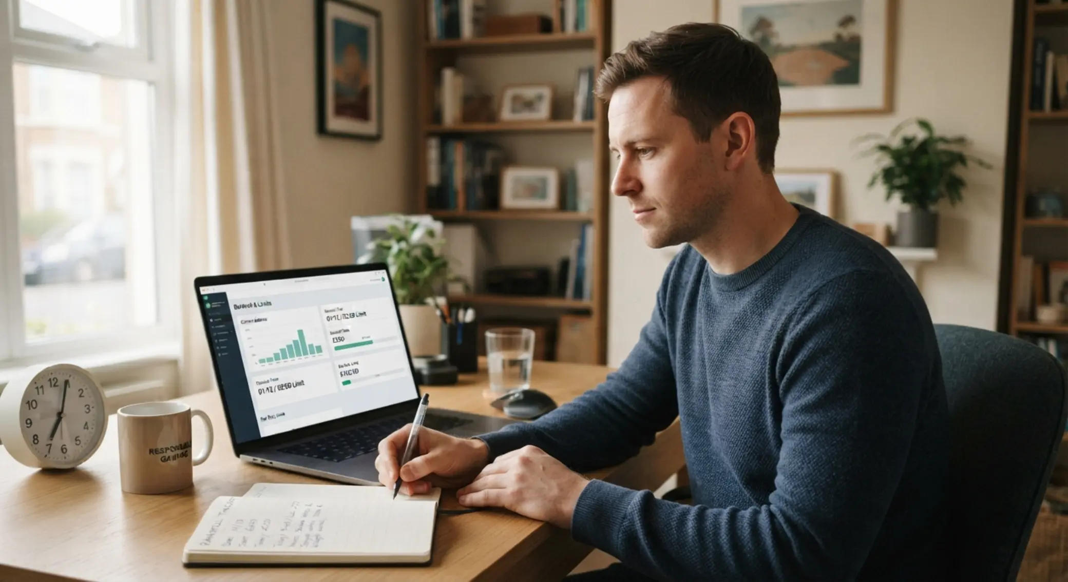 Játékos tudatos bankroll-kezeléssel laptop mellett