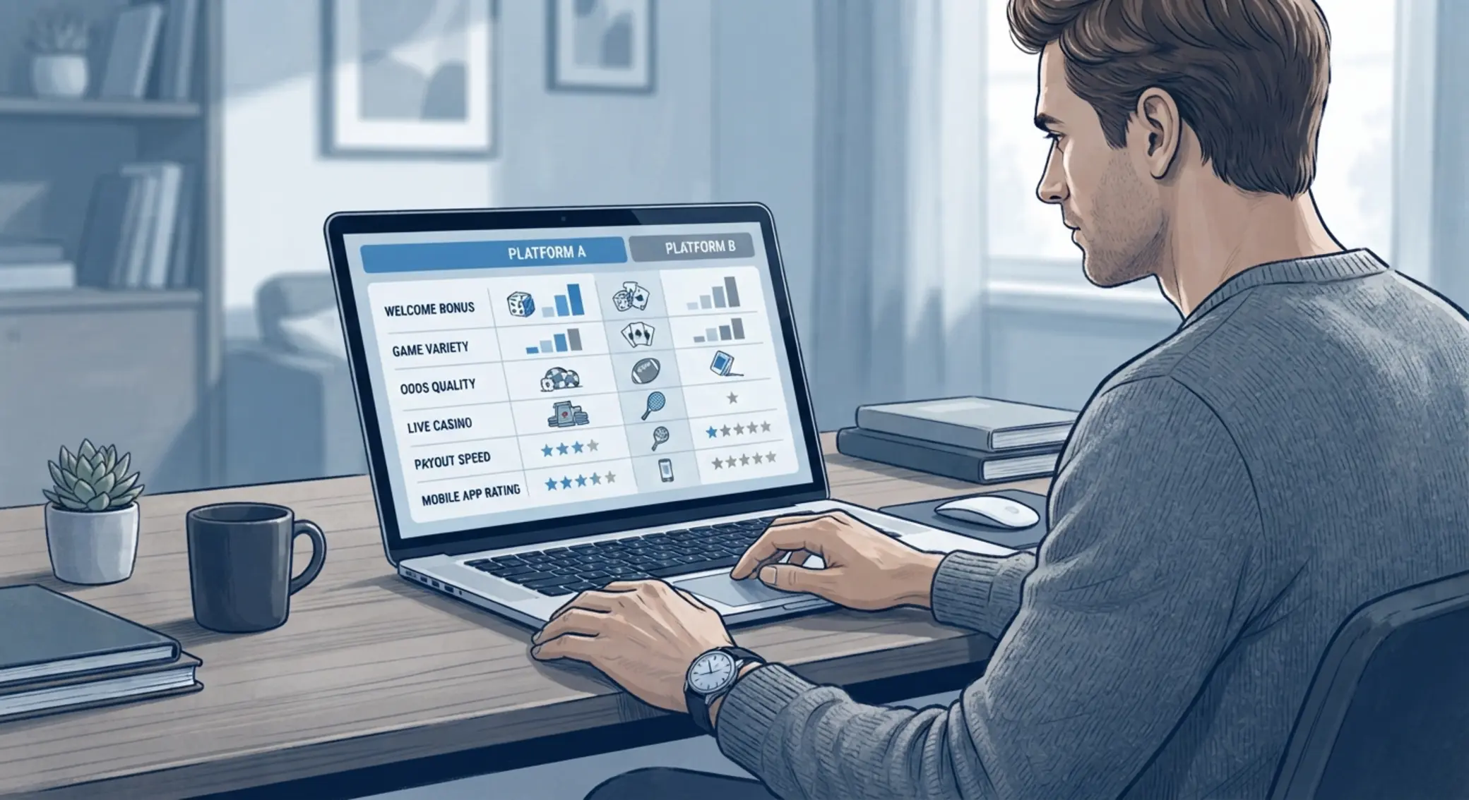 Játékos laptop előtt, online kaszinó összehasonlítással