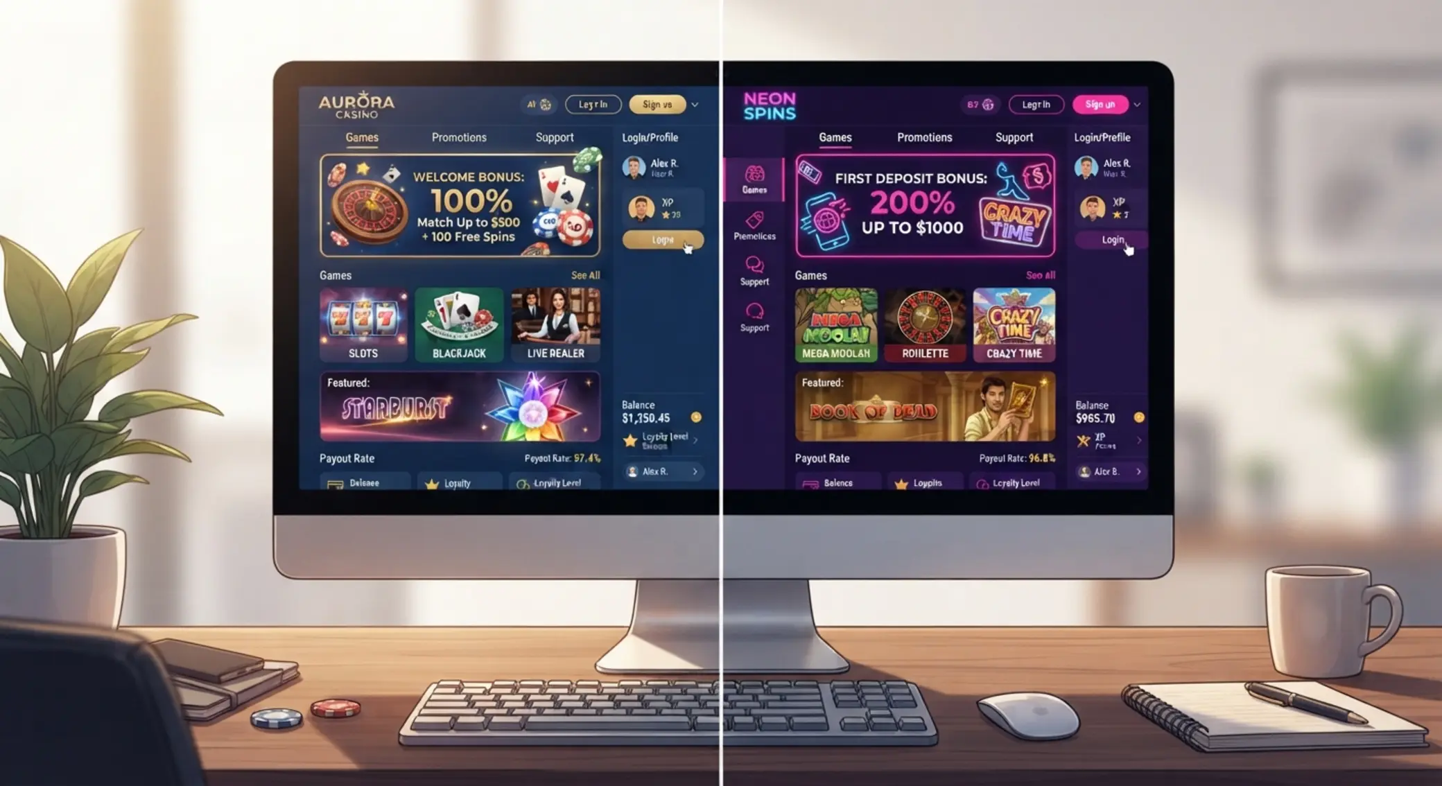 Két online kaszinó összehasonlítása képernyőn