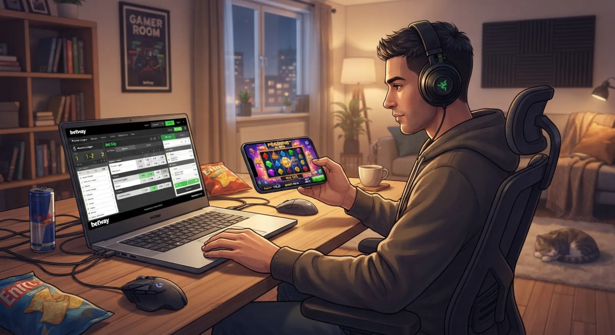 Játékos mobilon és laptopon használ online kaszinót