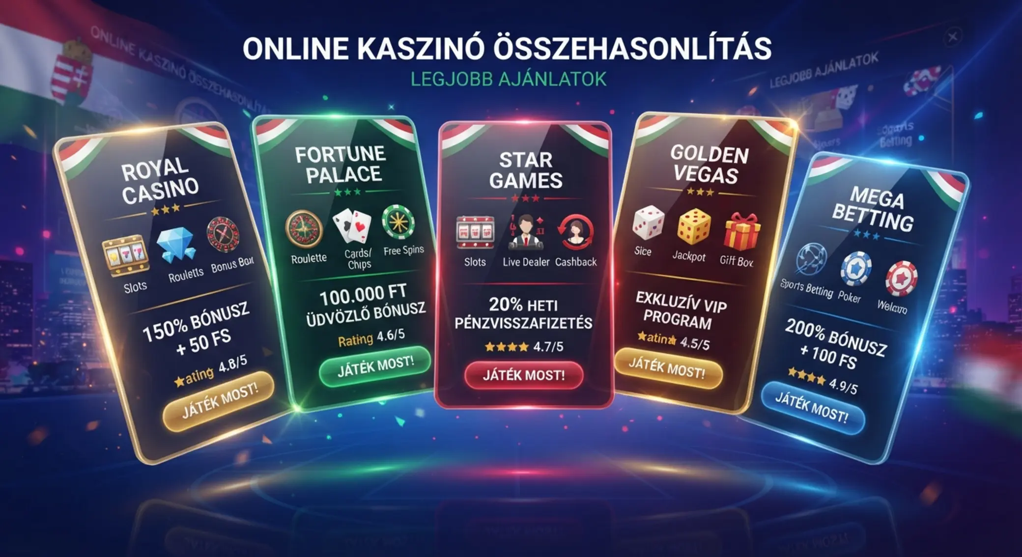 Kaszinóajánlatokat bemutató absztrakt kártyák bónusz ikonokkal