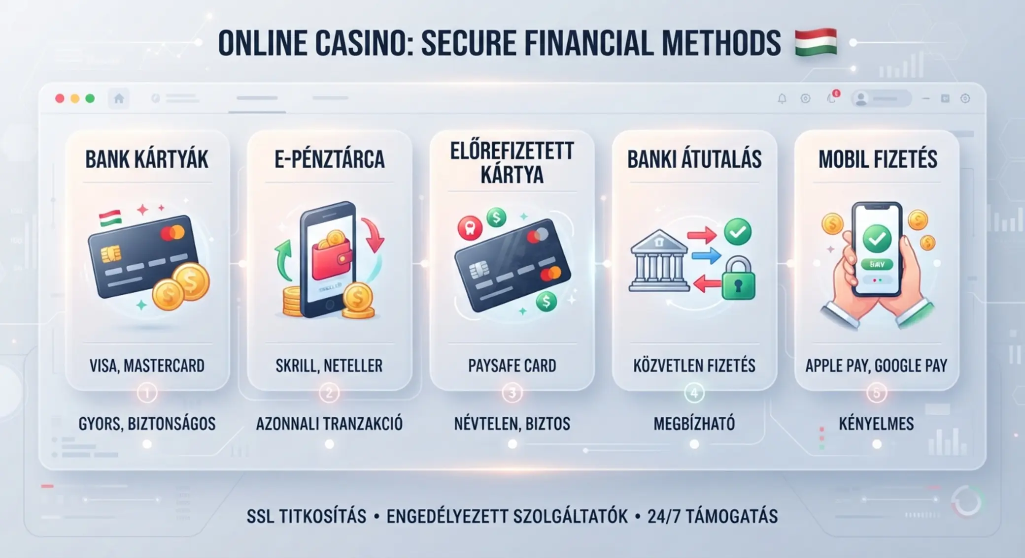 Online kaszinó fizetési módok kategóriái ikonokkal