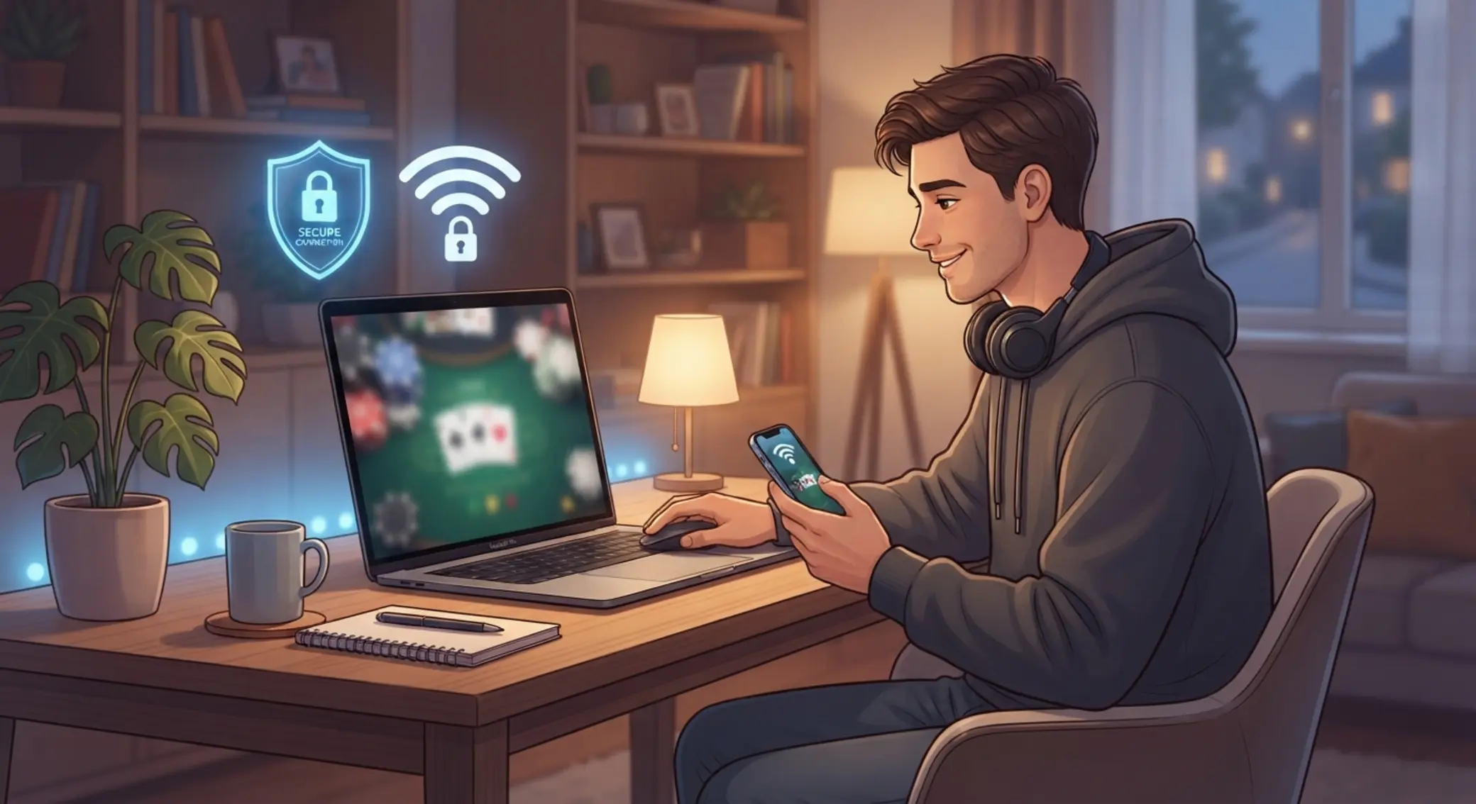 Biztonságos otthoni hálózaton belépő játékos laptopon és mobilon