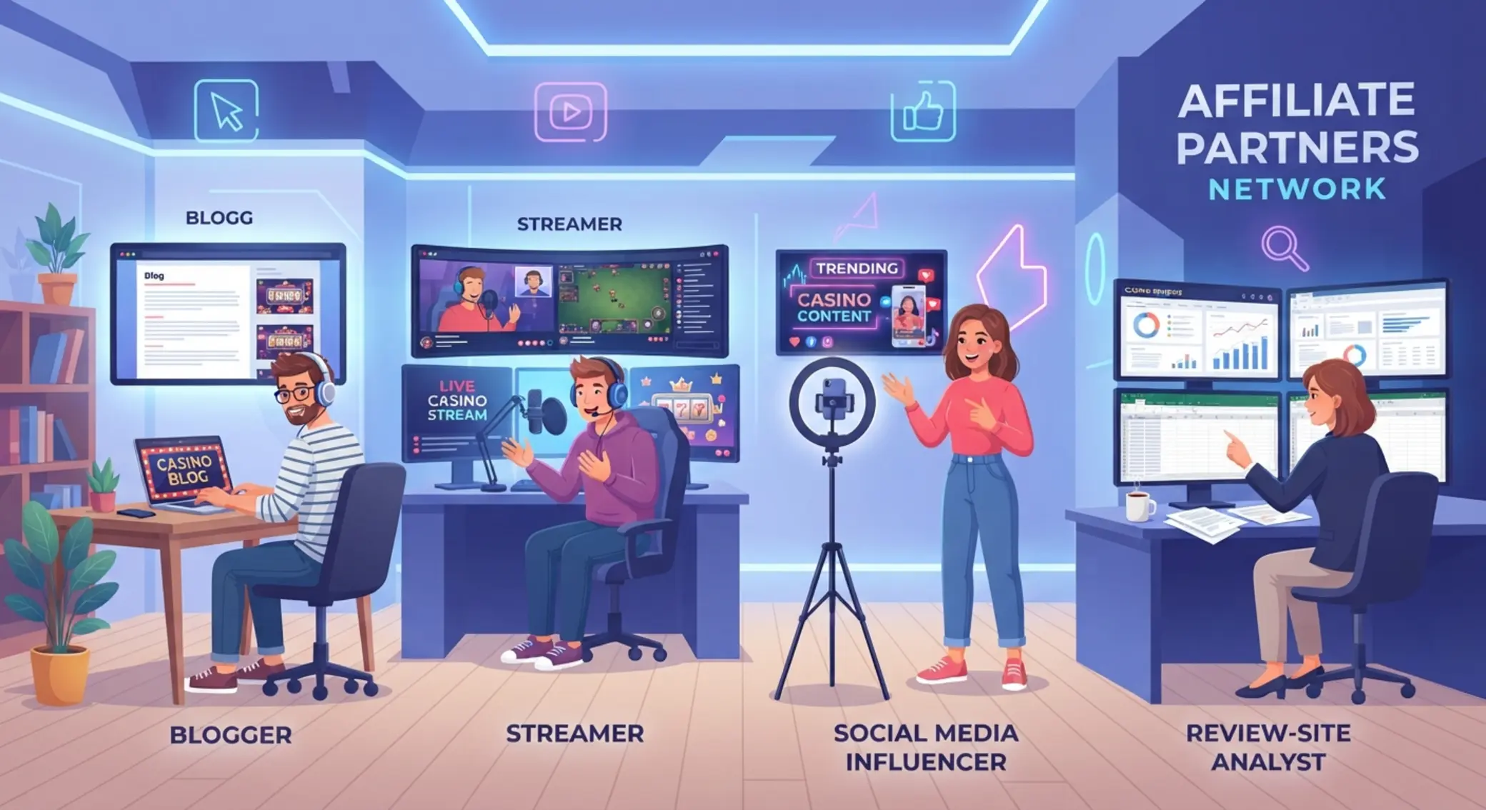 Különböző kaszinó affiliate partner típusok illusztrációja