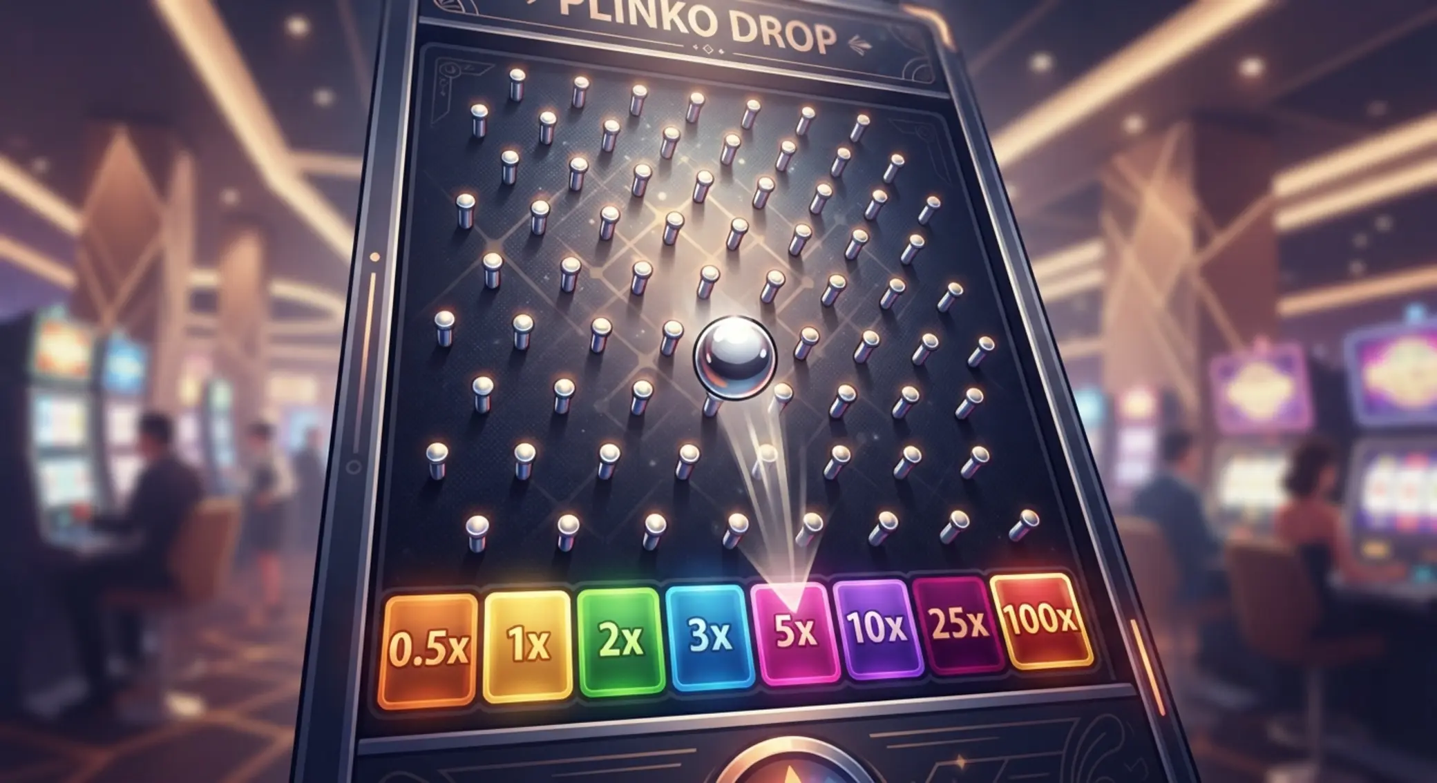 Plinko tábla szorzómezőkkel és leeső golyóval