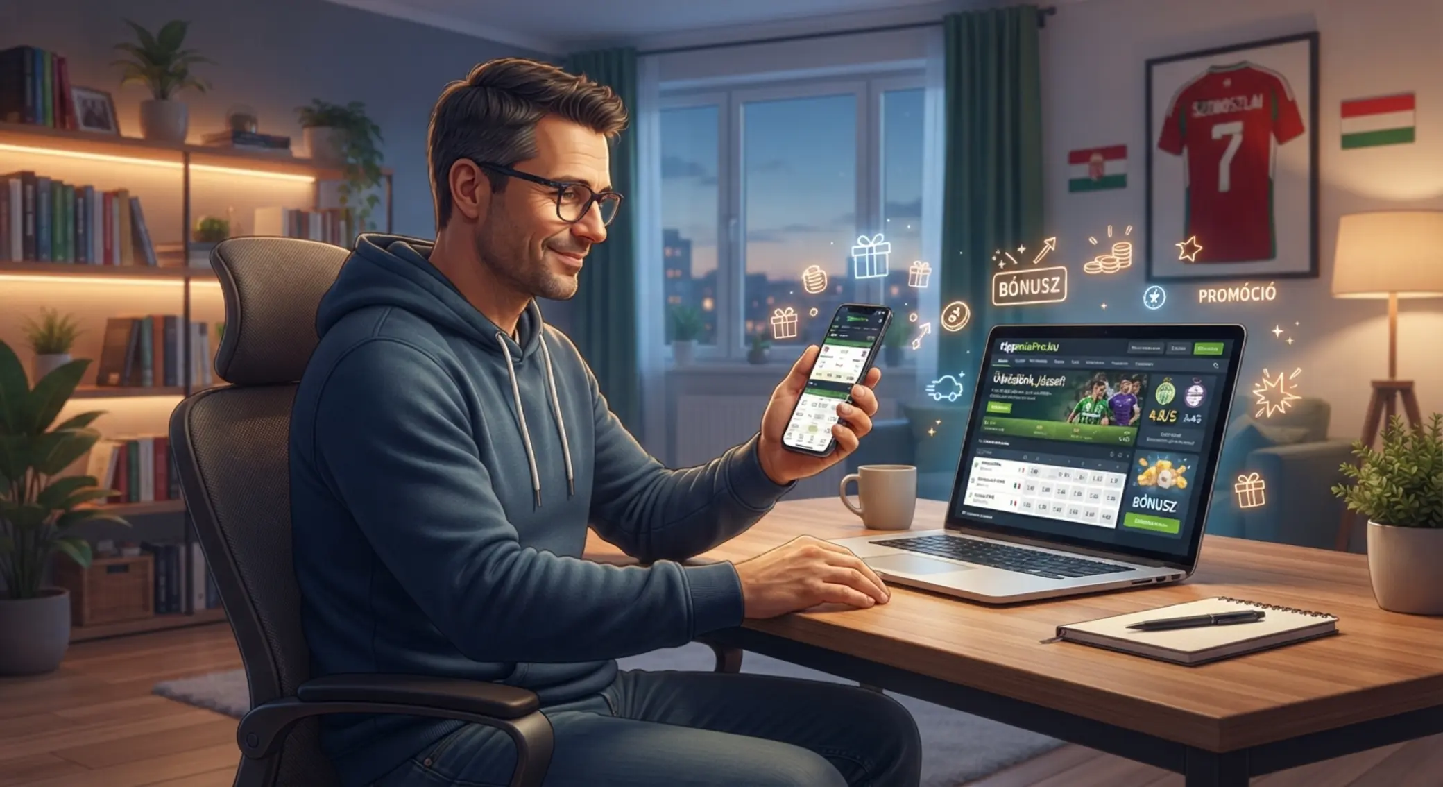Magyar játékos sportfogadási felülettel laptopon és telefonon